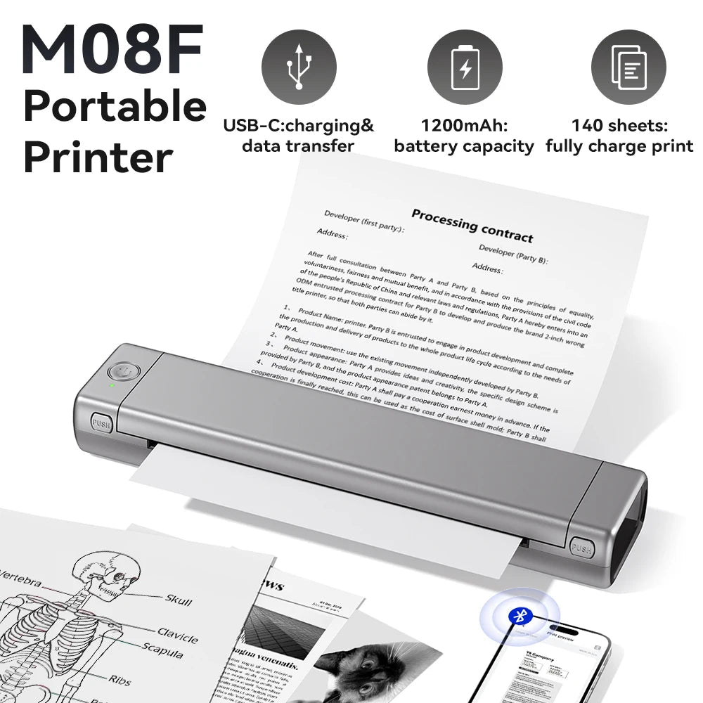 Phomemo M08F Portable A4 Paper Printer Tattoo Printer Thermal Paper Maker Mini Wireless Bluetooth Printer Compatible Phone&PC - Velvet Haven