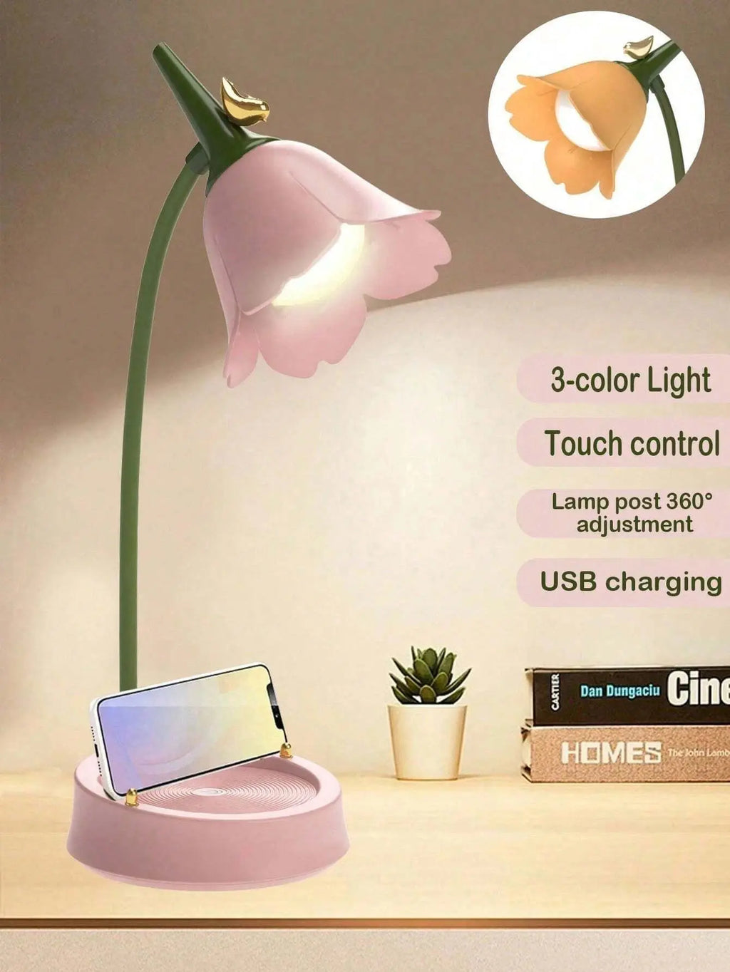 Pink Flower Cute Lamp LED Desk Lamp Table Light Adjustable Touch Rechargeable Battery Night Light for Dorm Reading Table Light - Velvet Haven