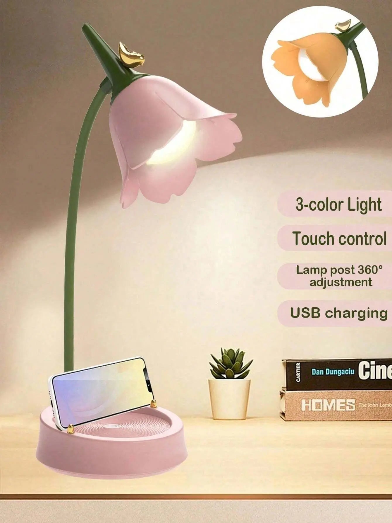 Pink Flower Cute Lamp LED Desk Lamp Table Light Adjustable Touch Rechargeable Battery Night Light for Dorm Reading Table Light - Velvet Haven