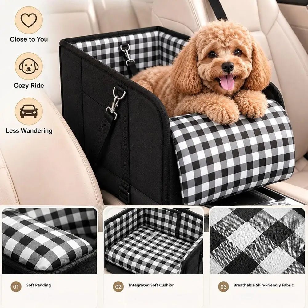 Plaid Console Dog Car Seat for Small Dogs, PU Booster Seat - Velvet Haven