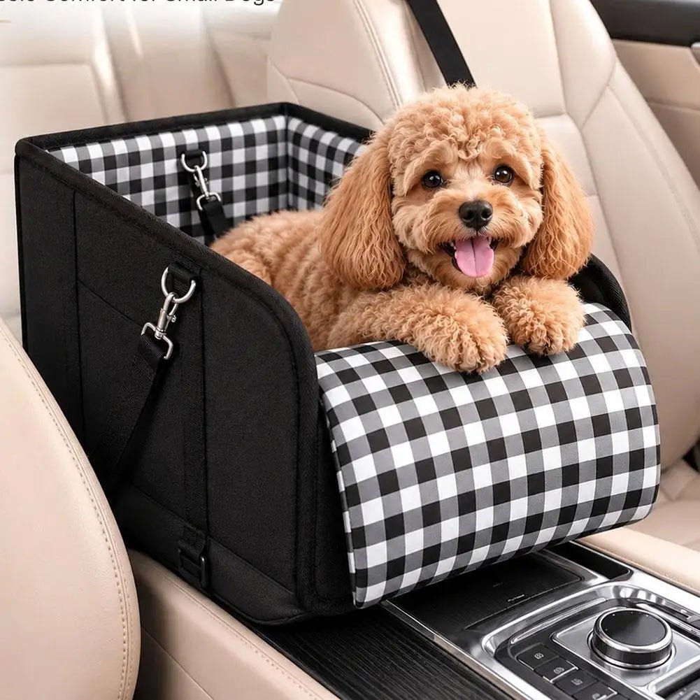 Plaid Console Dog Car Seat for Small Dogs, PU Booster Seat - Velvet Haven