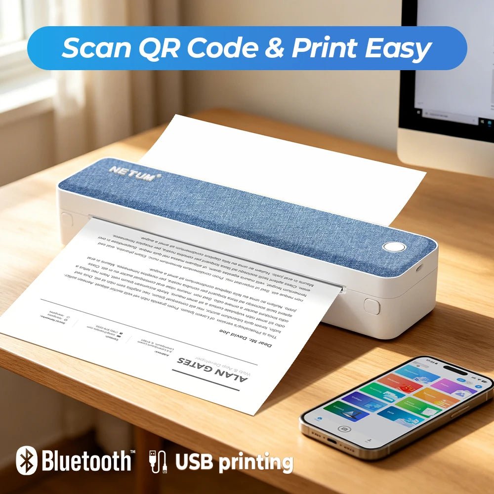 Portable A4 Printer Inkless Bluetooth Mobile Printer for iPhone iPad Laptop PC Letter Size Document & Photo Mini Printer - Velvet Haven