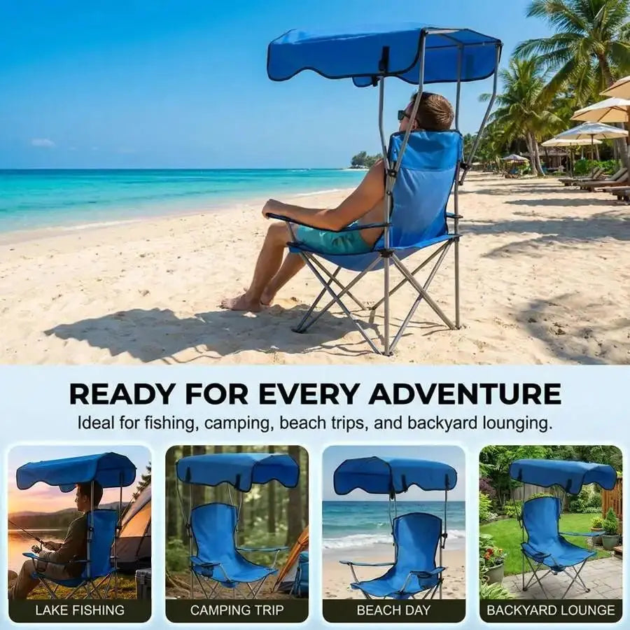 Portable Folding Camping Chair With Adjustable Canopy Sun Shade And Cup Holder For Beach Outdoor Use - Velvet Haven