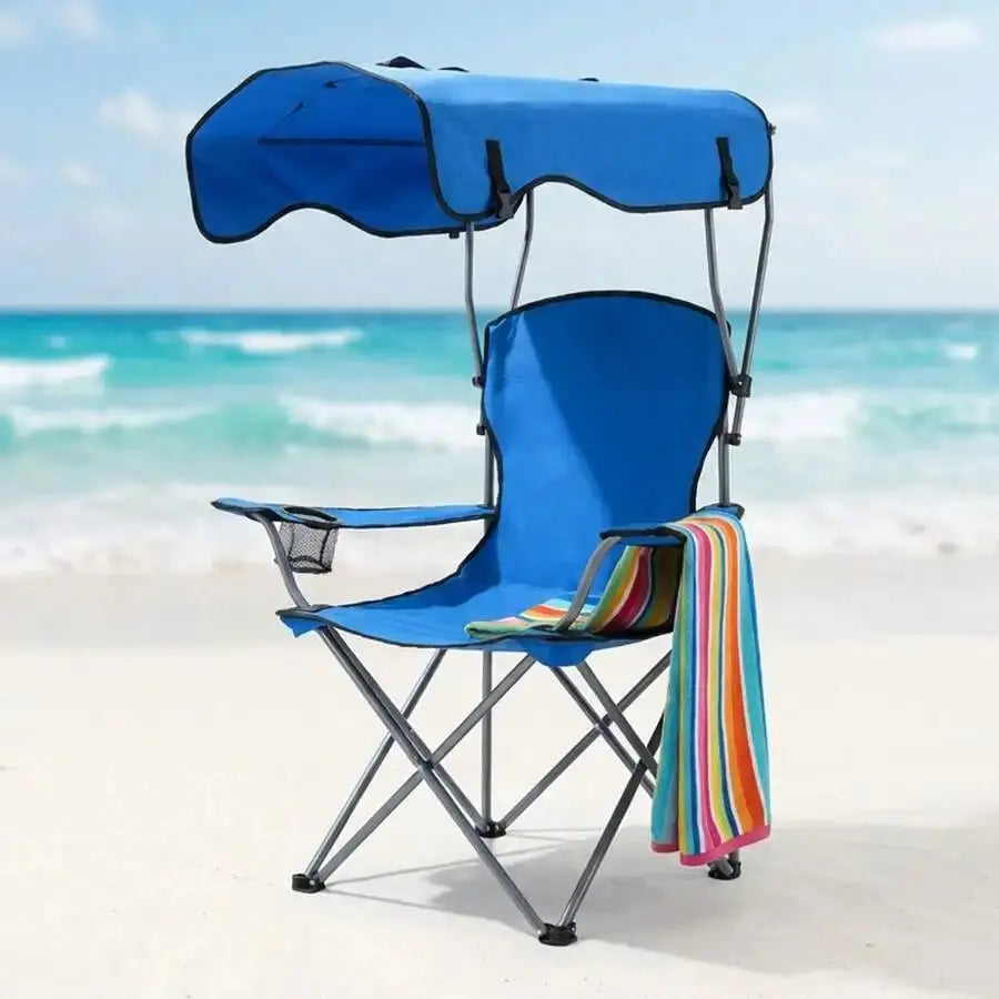 Portable Folding Camping Chair With Adjustable Canopy Sun Shade And Cup Holder For Beach Outdoor Use - Velvet Haven