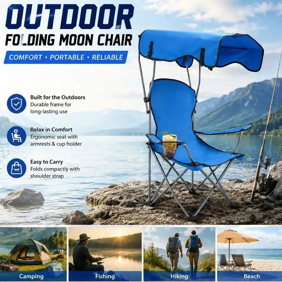 Portable Folding Camping Chair With Adjustable Canopy Sun Shade And Cup Holder For Beach Outdoor Use - Velvet Haven