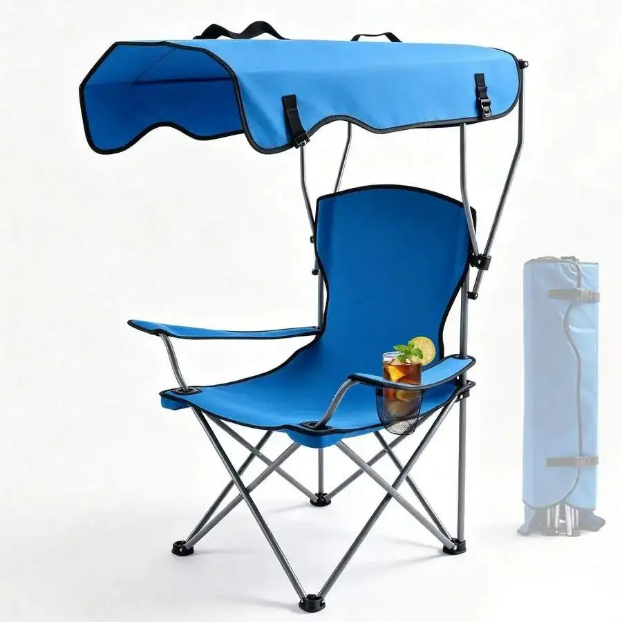Portable Folding Camping Chair With Adjustable Canopy Sun Shade And Cup Holder For Beach Outdoor Use - Velvet Haven