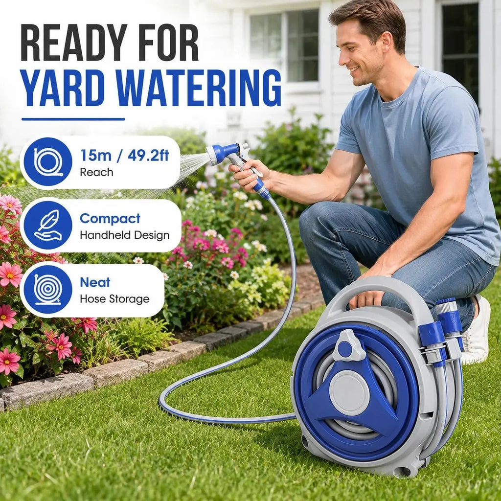 Portable Garden Hose Reel 15m Water Hose with Spray Nozzle Handheld UV Resistant Storage System for Home Yard Outdoor Watering - Velvet Haven