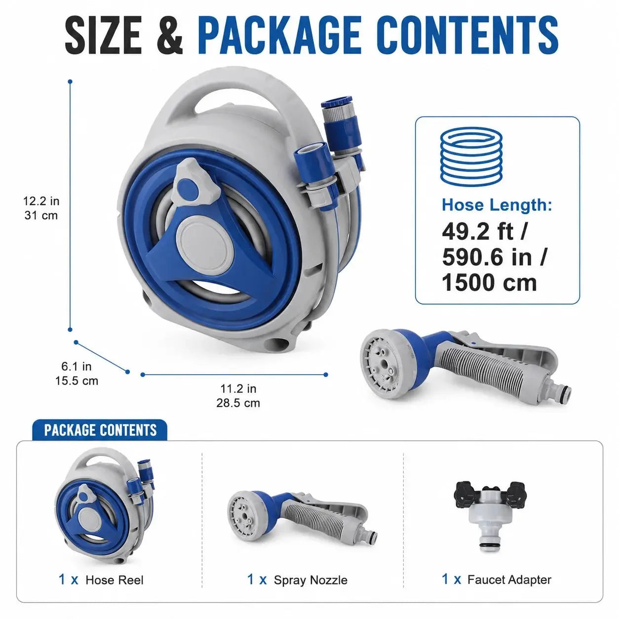 Portable Garden Hose Reel 15m Water Hose with Spray Nozzle Handheld UV Resistant Storage System for Home Yard Outdoor Watering - Velvet Haven