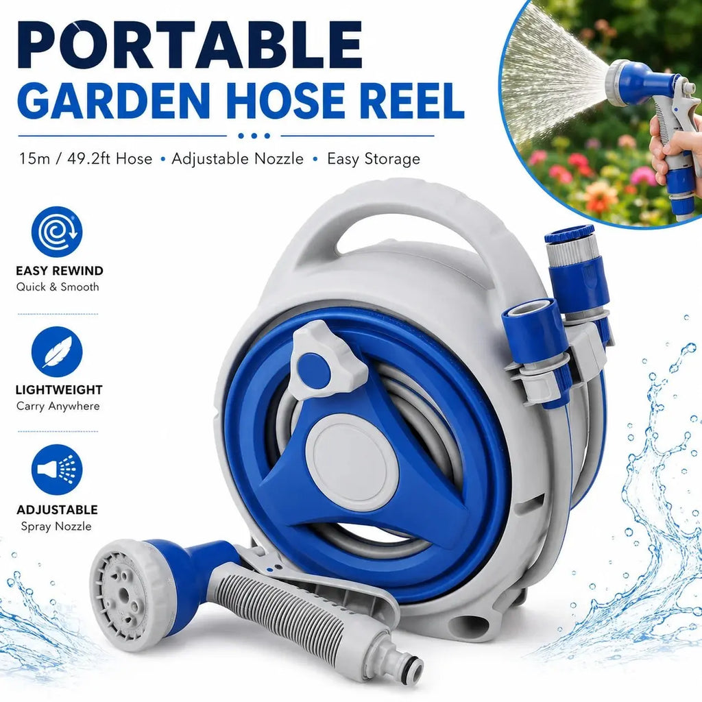 Portable Garden Hose Reel 15m Water Hose with Spray Nozzle Handheld UV Resistant Storage System for Home Yard Outdoor Watering - Velvet Haven