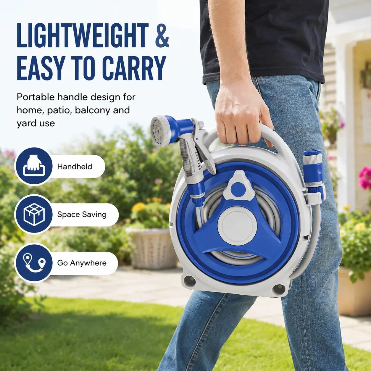 Portable Garden Hose Reel 15m Water Hose with Spray Nozzle Handheld UV Resistant Storage System for Home Yard Outdoor Watering - Velvet Haven