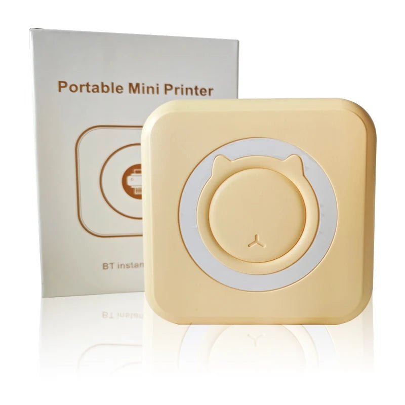 Portable Bluetooth thermal printer printing labels and notes with compact ink-free 203 DPI thermal printing technology.