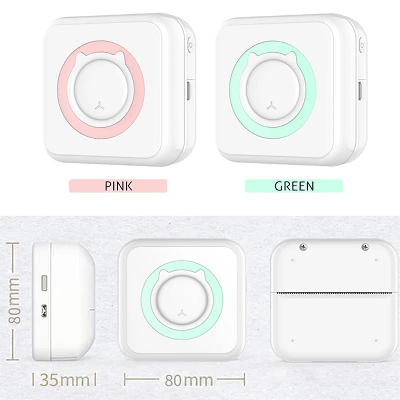 Portable Bluetooth thermal printer printing labels and notes with compact ink-free 203 DPI thermal printing technology.