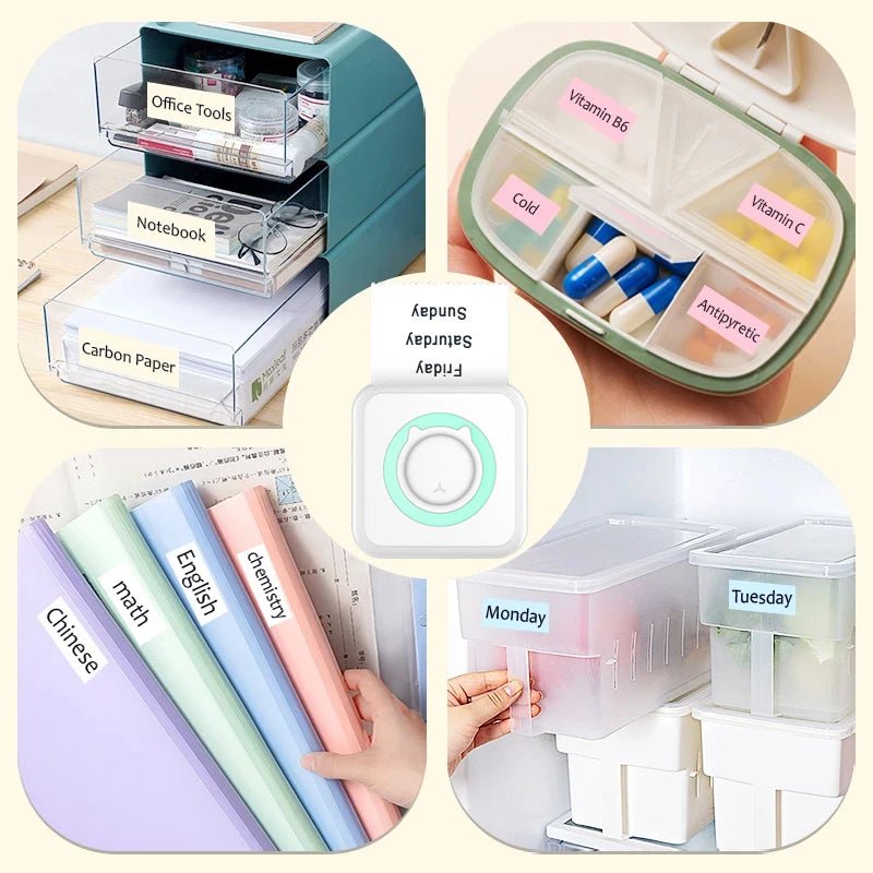 Portable Bluetooth thermal printer printing labels and notes with compact ink-free 203 DPI thermal printing technology.