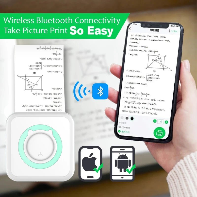 Portable Bluetooth thermal printer printing labels and notes with compact ink-free 203 DPI thermal printing technology.
