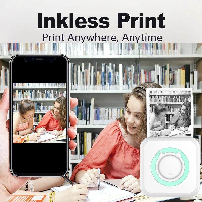 Portable Bluetooth thermal printer printing labels and notes with compact ink-free 203 DPI thermal printing technology.