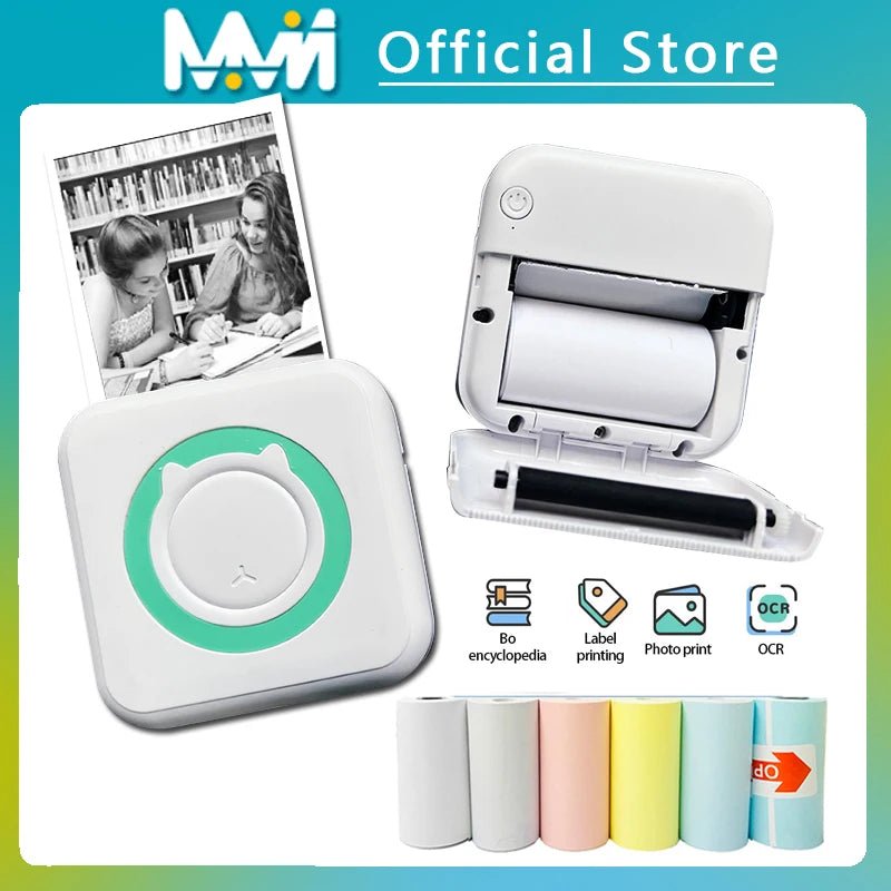 Portable Bluetooth thermal printer printing labels and notes with compact ink-free 203 DPI thermal printing technology.