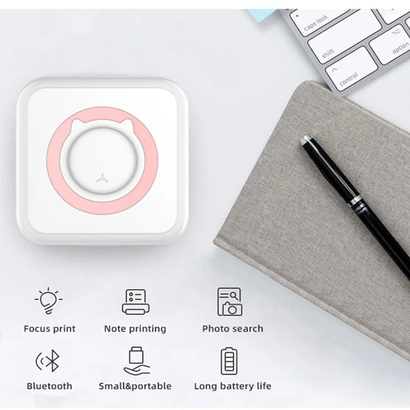 Portable Bluetooth thermal printer printing labels and notes with compact ink-free 203 DPI thermal printing technology.