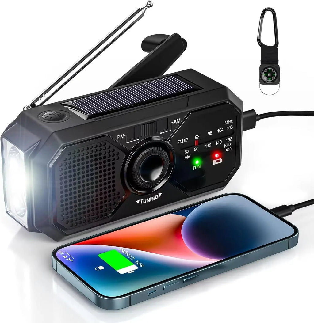 Portable emergency solar radio with hand crank, solar charging, AM/FM weather radio, LED flashlight, and USB phone charger.