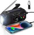 Portable emergency solar radio with hand crank, solar charging, AM/FM weather radio, LED flashlight, and USB phone charger.