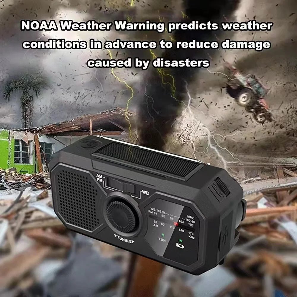 Portable emergency solar radio with hand crank, solar charging, AM/FM weather radio, LED flashlight, and USB phone charger.