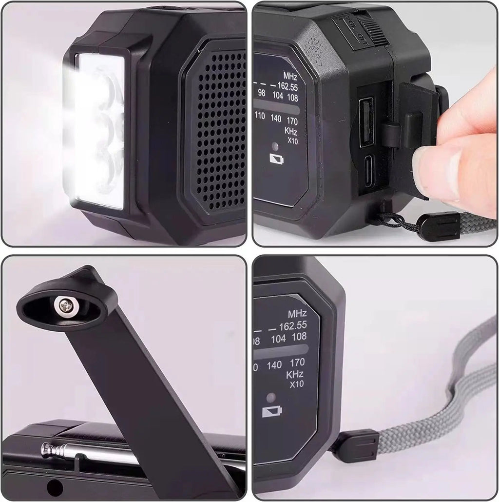 Portable emergency solar radio with hand crank, solar charging, AM/FM weather radio, LED flashlight, and USB phone charger.