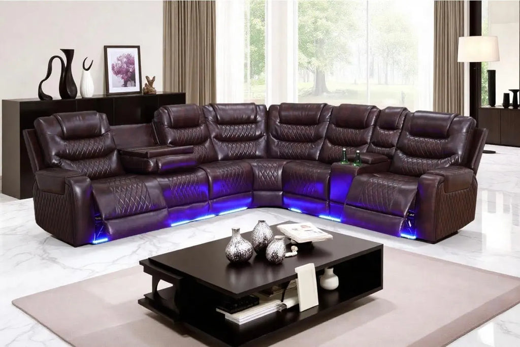 Power Recliner Sectional Sofa with LED Lighting Dark Brown - Velvet Haven
