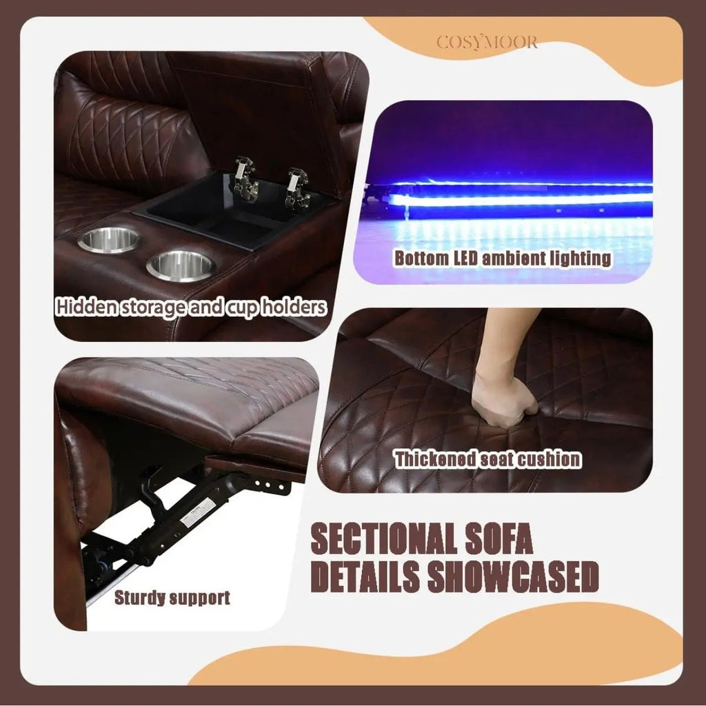 Power Recliner Sectional Sofa with LED Lighting Dark Brown - Velvet Haven
