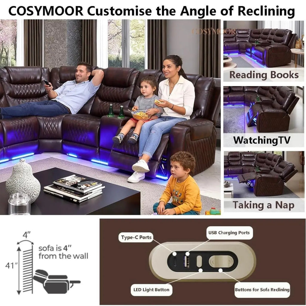 Power Recliner Sectional Sofa with LED Lighting Dark Brown - Velvet Haven