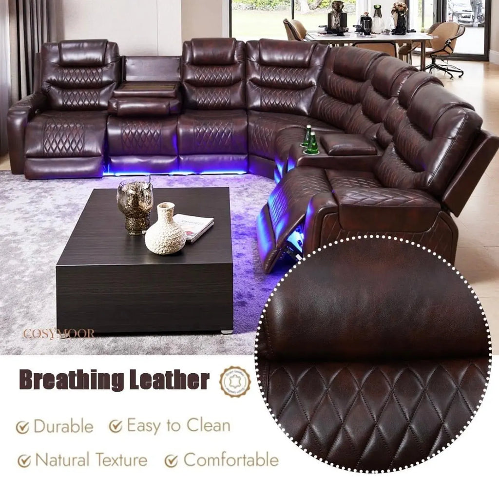 Power Recliner Sectional Sofa with LED Lighting Dark Brown - Velvet Haven