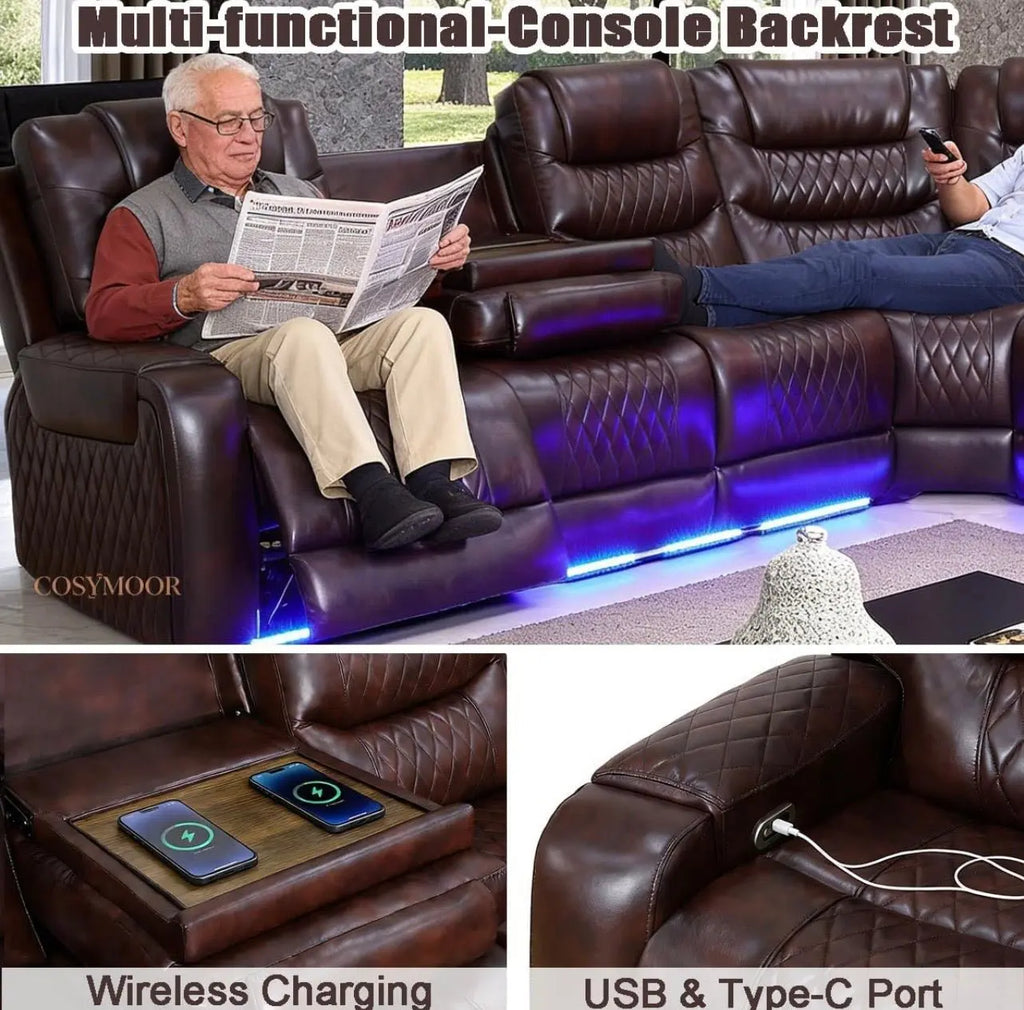 Power Recliner Sectional Sofa with LED Lighting Dark Brown - Velvet Haven
