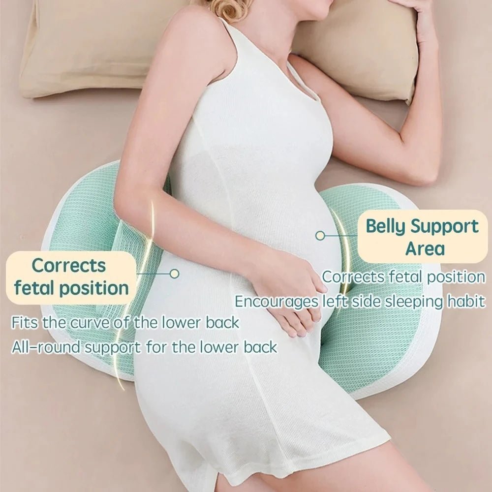 Full-body pregnancy pillow with free waist support pillow on a bed