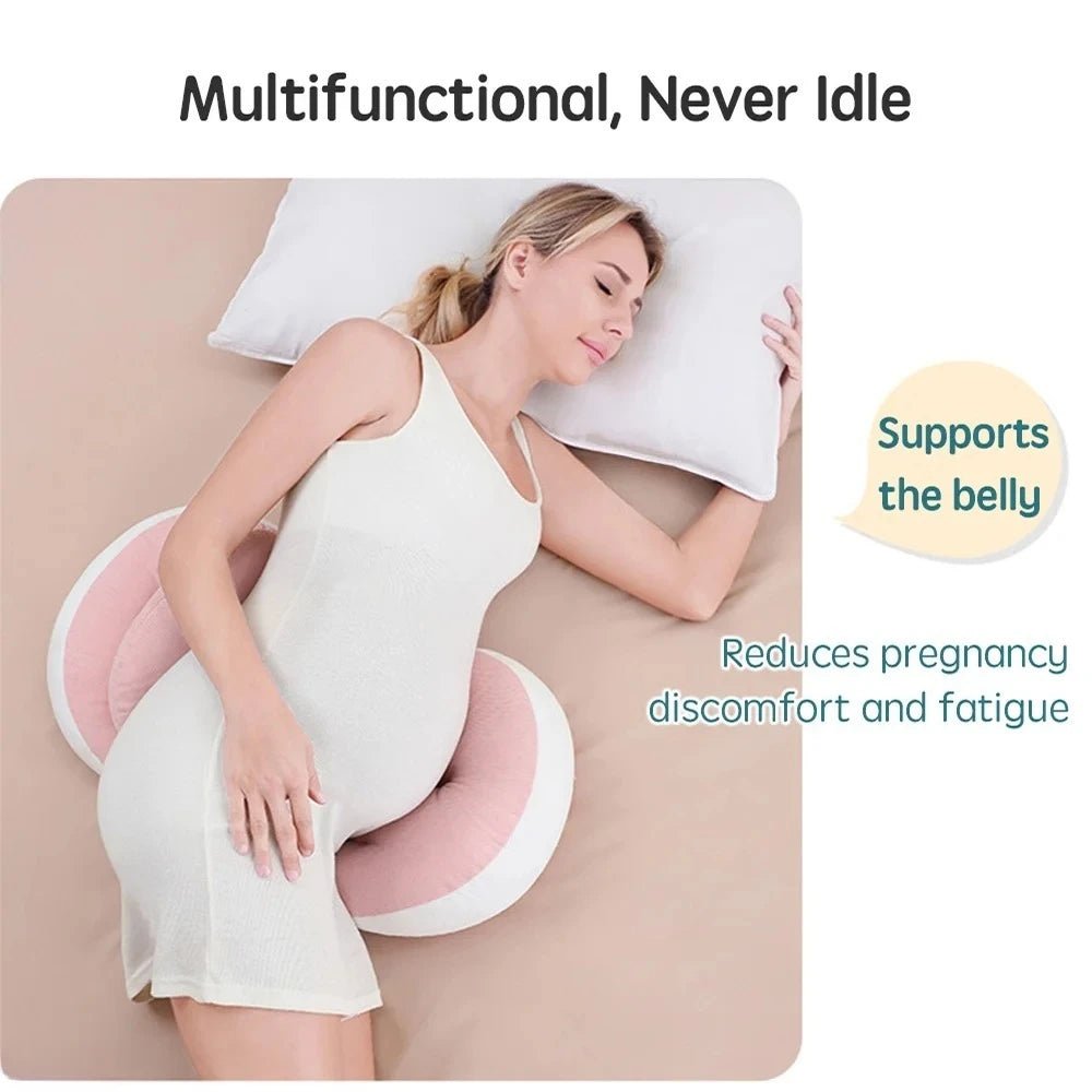 Full-body pregnancy pillow with free waist support pillow on a bed