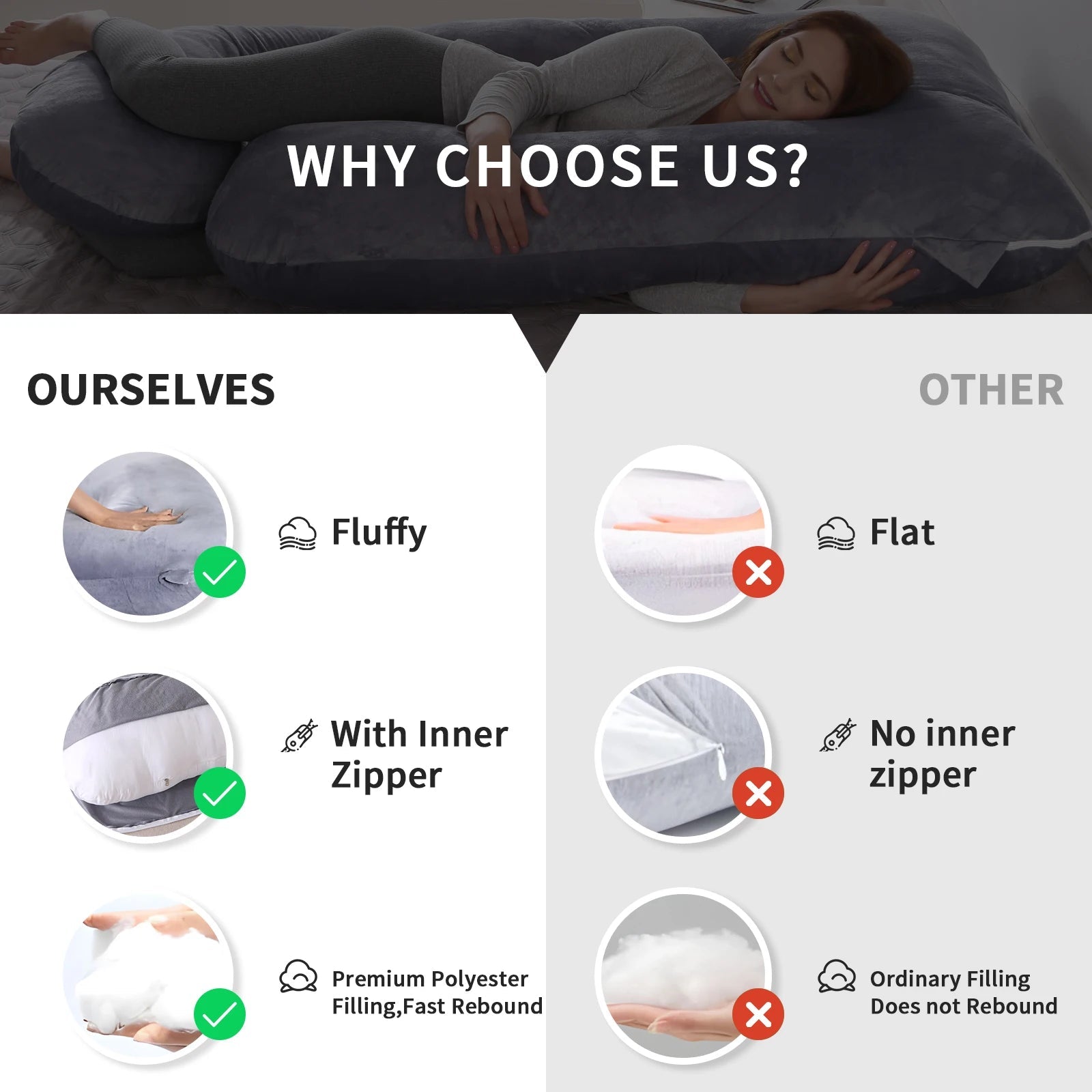 G-shaped full body pregnancy pillow with removable cover on a neatly made bed