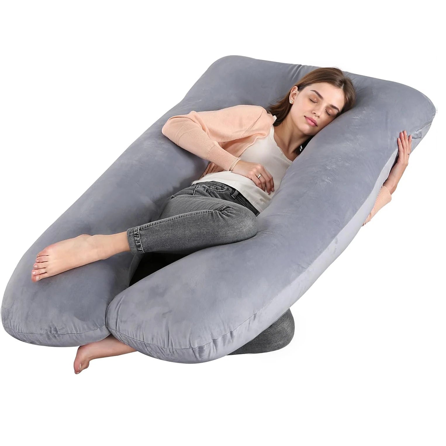 G-shaped full body pregnancy pillow with removable cover on a neatly made bed