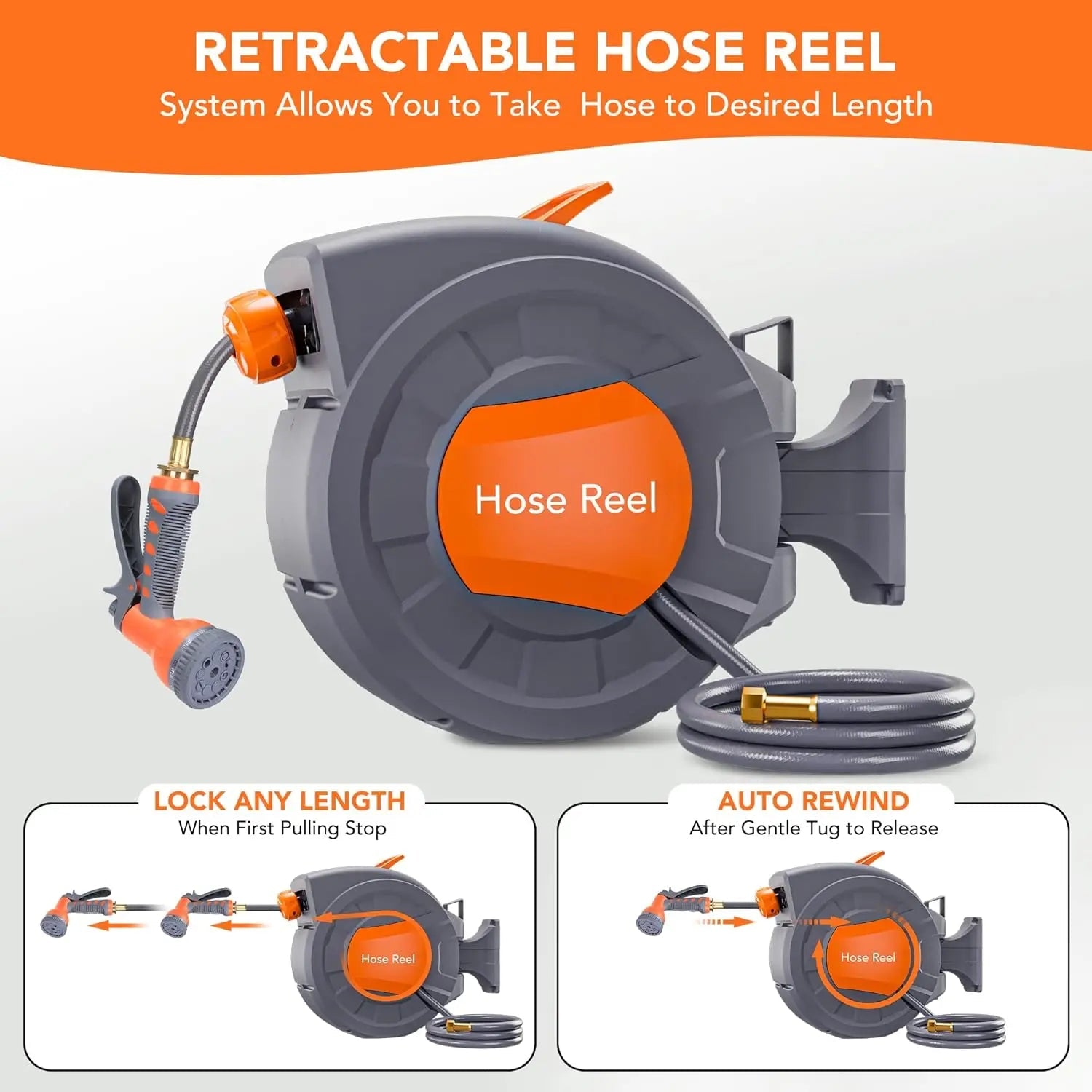 Retractable Garden Hose Reel 1/2 In x 100 FT Wall Mounted Water Hose Reels for Outside with 9 Function Sprayer Nozzle - Velvet Haven
