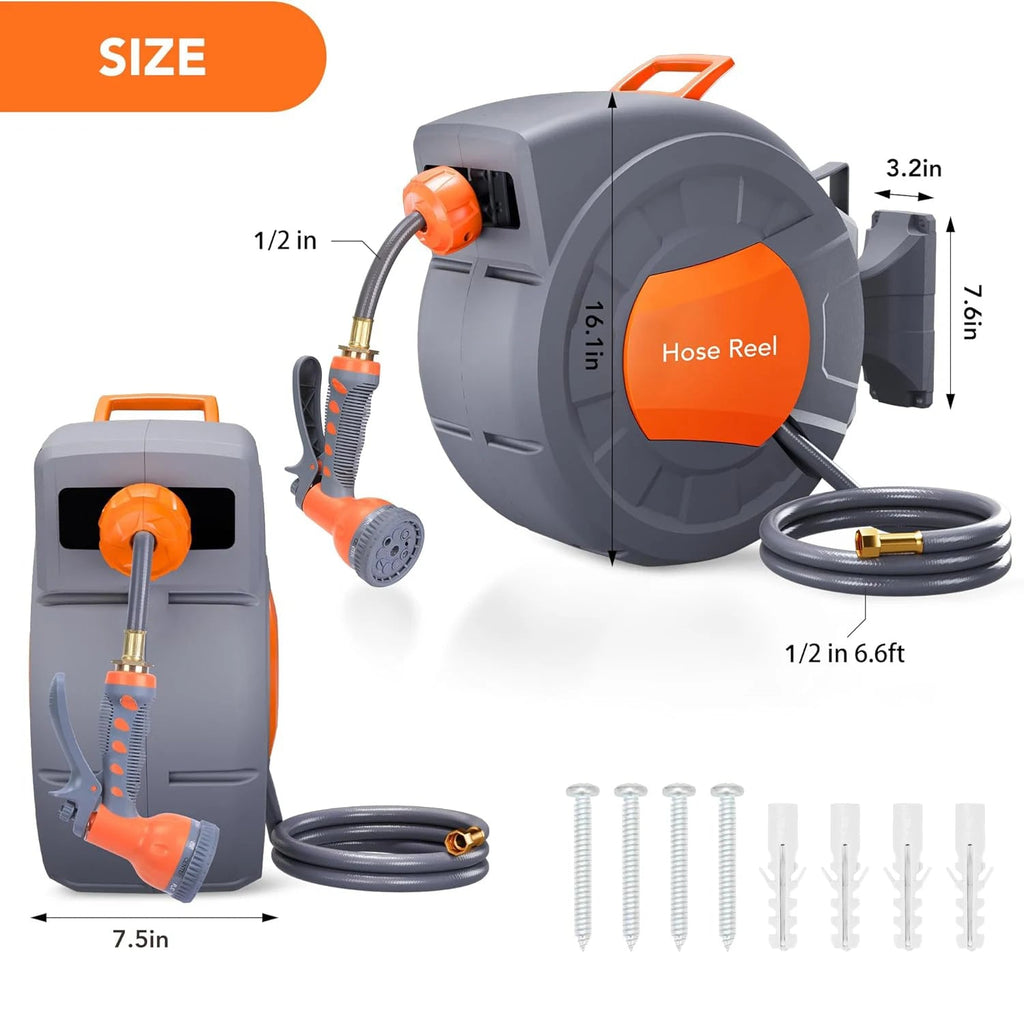 Retractable Garden Hose Reel 1/2 In x 100 FT Wall Mounted Water Hose Reels for Outside with 9 Function Sprayer Nozzle - Velvet Haven