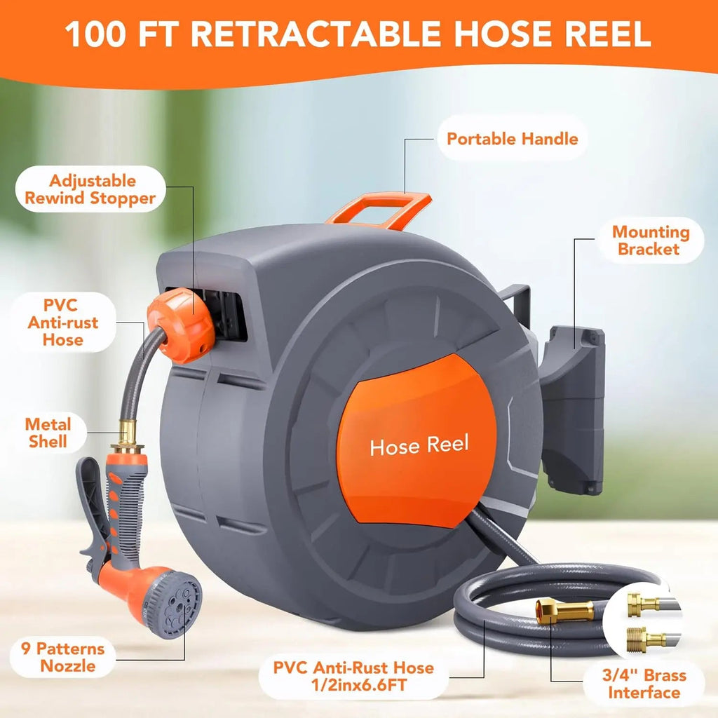 Retractable Garden Hose Reel 1/2 In x 100 FT Wall Mounted Water Hose Reels for Outside with 9 Function Sprayer Nozzle - Velvet Haven