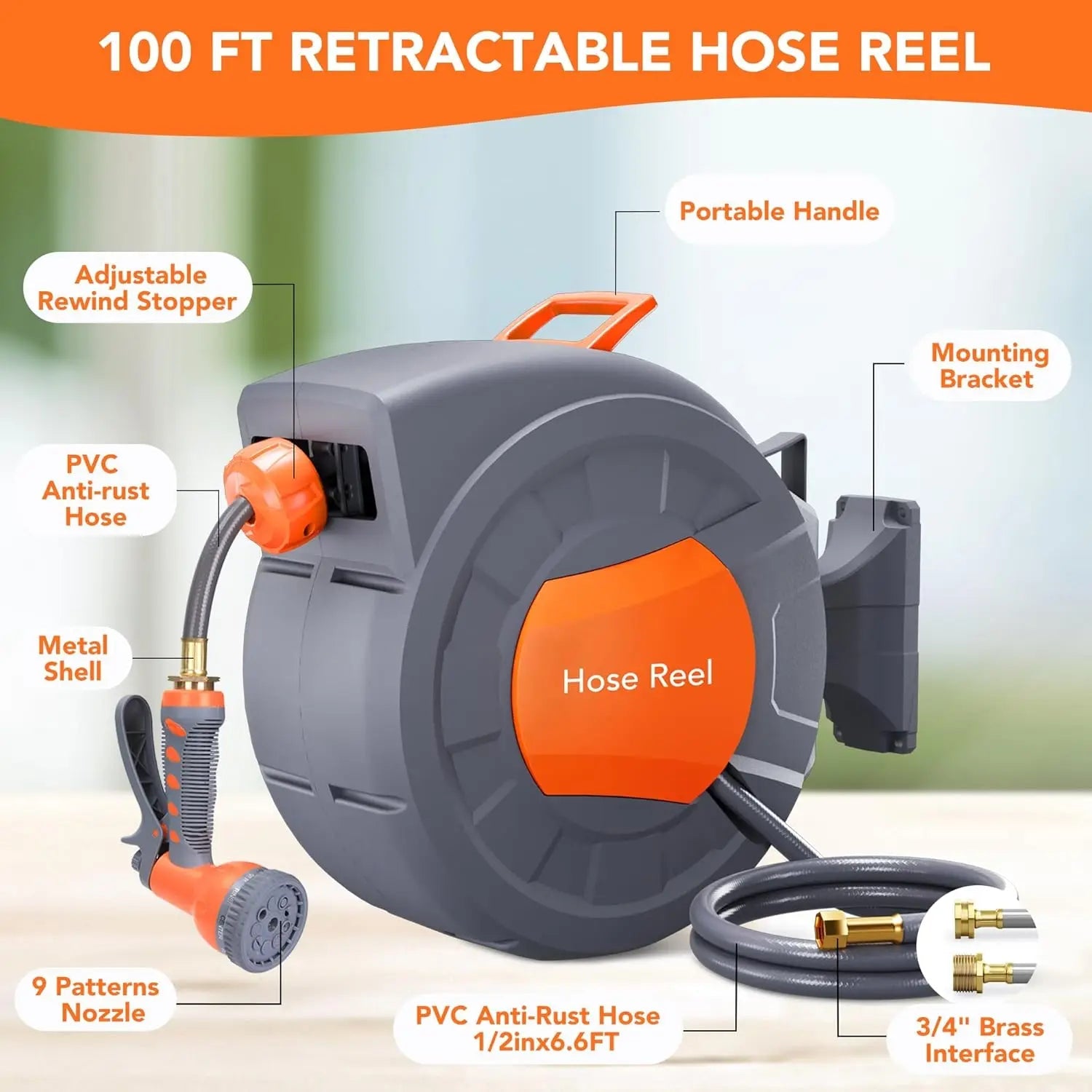Retractable Garden Hose Reel 1/2 In x 100 FT Wall Mounted Water Hose Reels for Outside with 9 Function Sprayer Nozzle - Velvet Haven