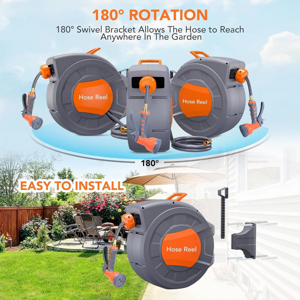Retractable Garden Hose Reel 1/2 In x 100 FT Wall Mounted Water Hose Reels for Outside with 9 Function Sprayer Nozzle - Velvet Haven