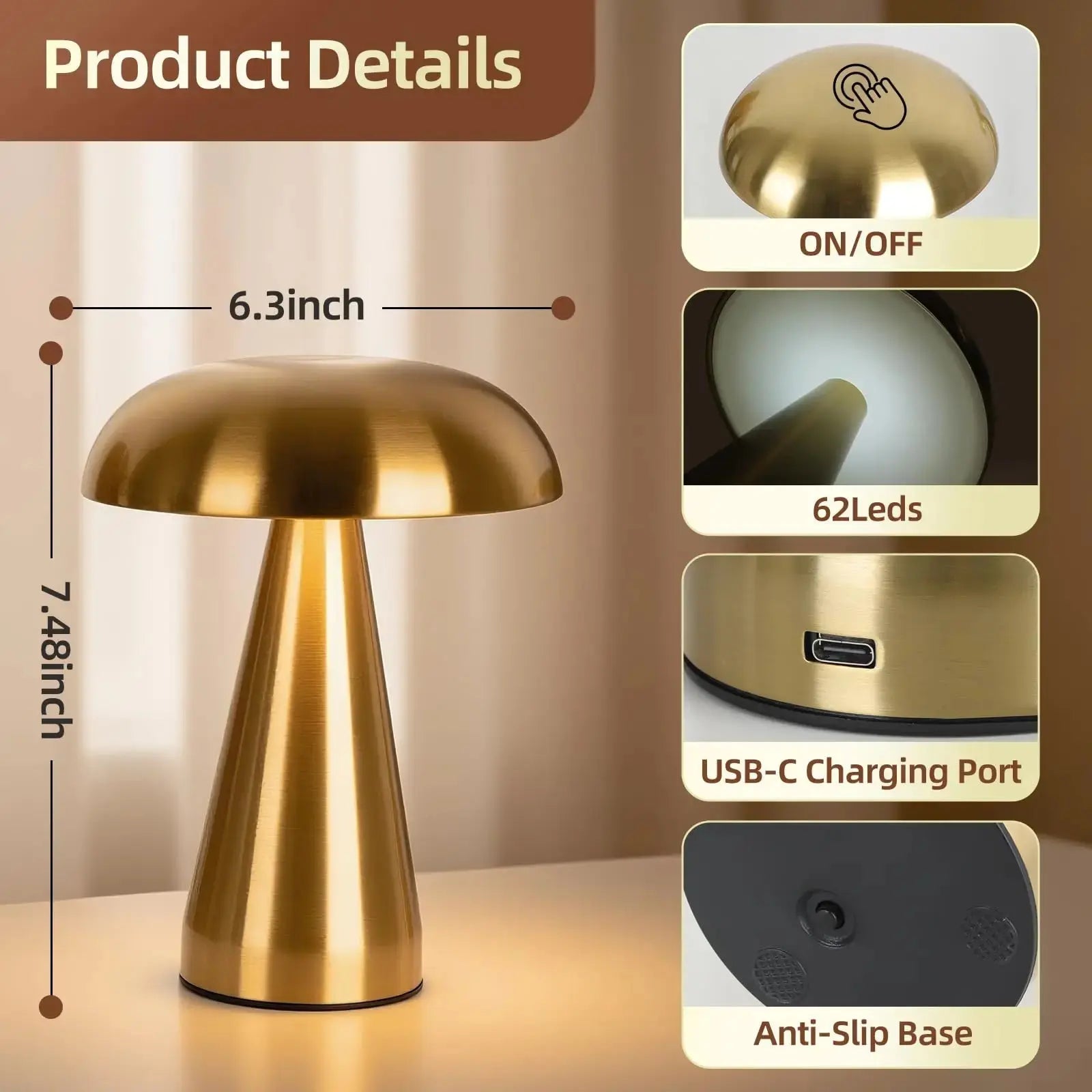 Retro Mushroom LED Table Lamp Touch Sensor Rechargeable Bedside Reading Light for Bedroom Restaurant Bar Decor - Velvet Haven