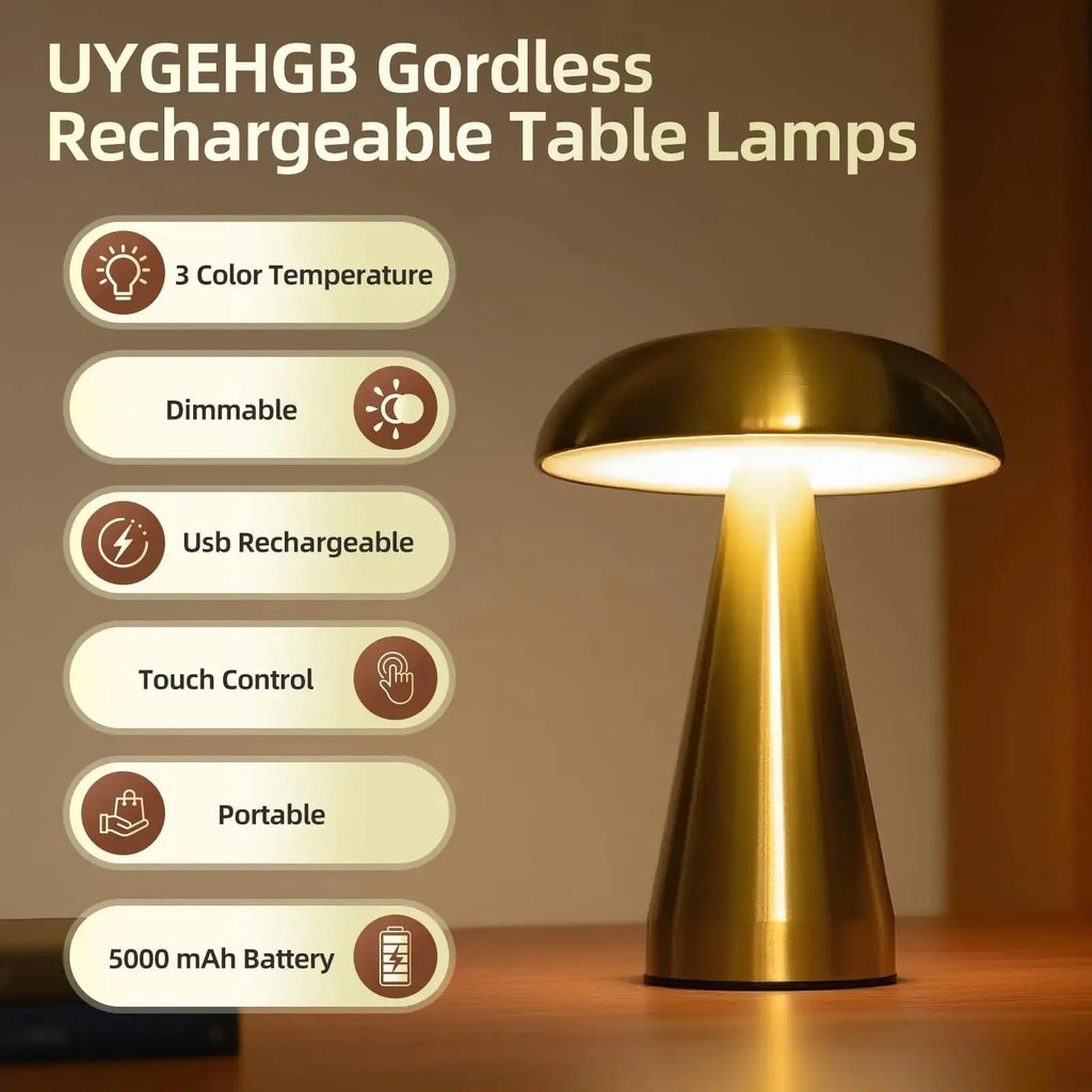 Retro Mushroom LED Table Lamp Touch Sensor Rechargeable Bedside Reading Light for Bedroom Restaurant Bar Decor - Velvet Haven