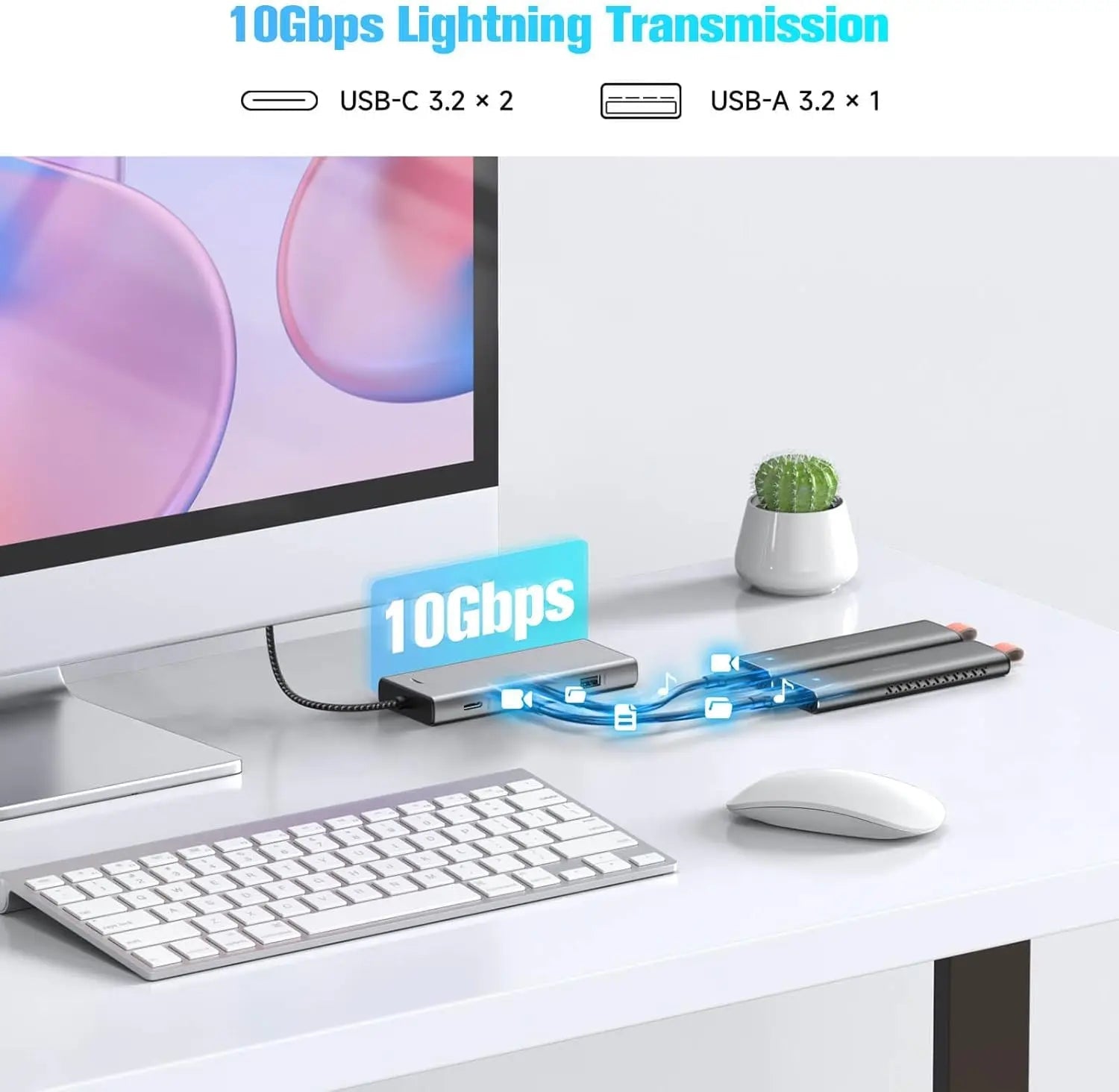 RSHTECH M.2 NVMe/SATA SSD Enclosure 5-in-1 Aluminum 10Gbps USB C Hub with 3 USB 3.2 Data Ports 100W Power Delivery and M2 SSD Docking Station External USB-C to M.2 Caddy for Laptops MacBook - Velvet Haven