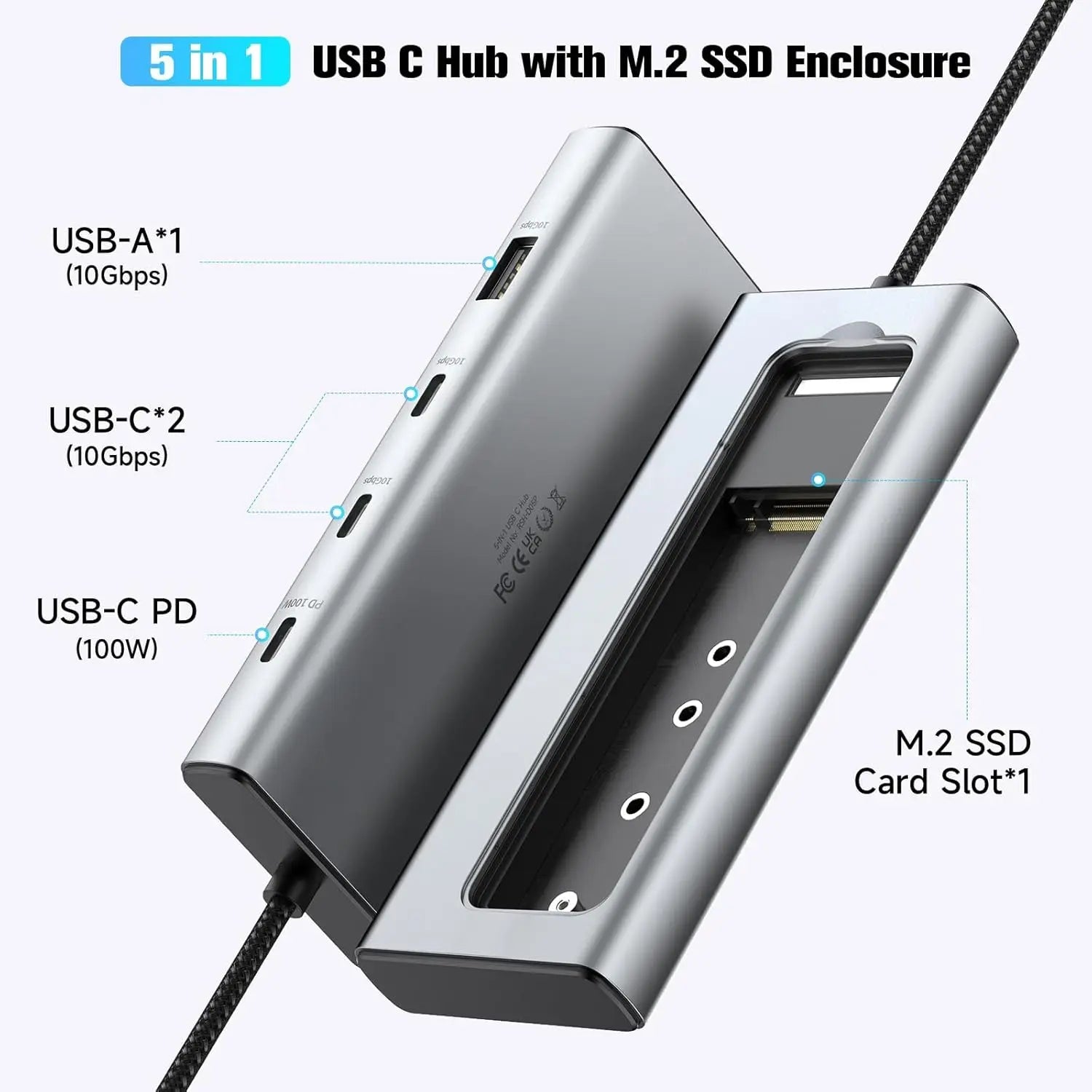 RSHTECH M.2 NVMe/SATA SSD Enclosure 5-in-1 Aluminum 10Gbps USB C Hub with 3 USB 3.2 Data Ports 100W Power Delivery and M2 SSD Docking Station External USB-C to M.2 Caddy for Laptops MacBook - Velvet Haven