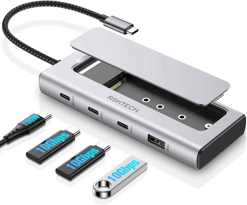 RSHTECH M.2 NVMe/SATA SSD Enclosure 5-in-1 Aluminum 10Gbps USB C Hub with 3 USB 3.2 Data Ports 100W Power Delivery and M2 SSD Docking Station External USB-C to M.2 Caddy for Laptops MacBook - Velvet Haven