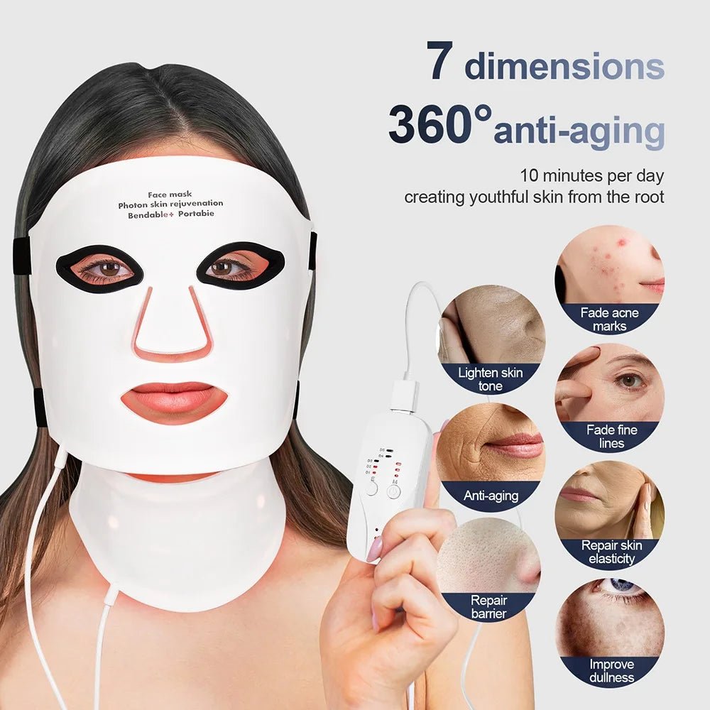 Silicone LED Mask Face With Neck 7 Colors LED Photon Red Light Infrared Therapy Flexible Facial Mask Repair Skin Wireless Use - Velvet Haven
