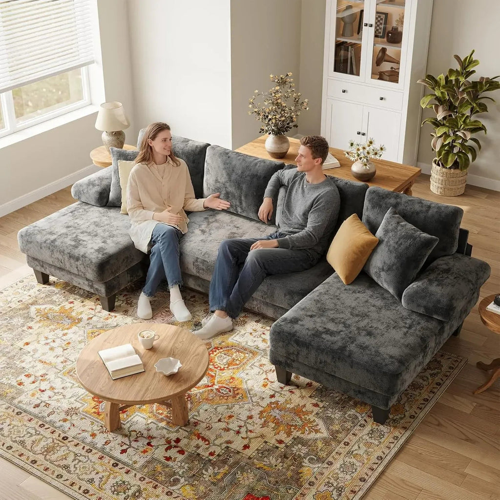 112-inch U-shaped chenille sleeper sofa with pull-out bed for modern living room