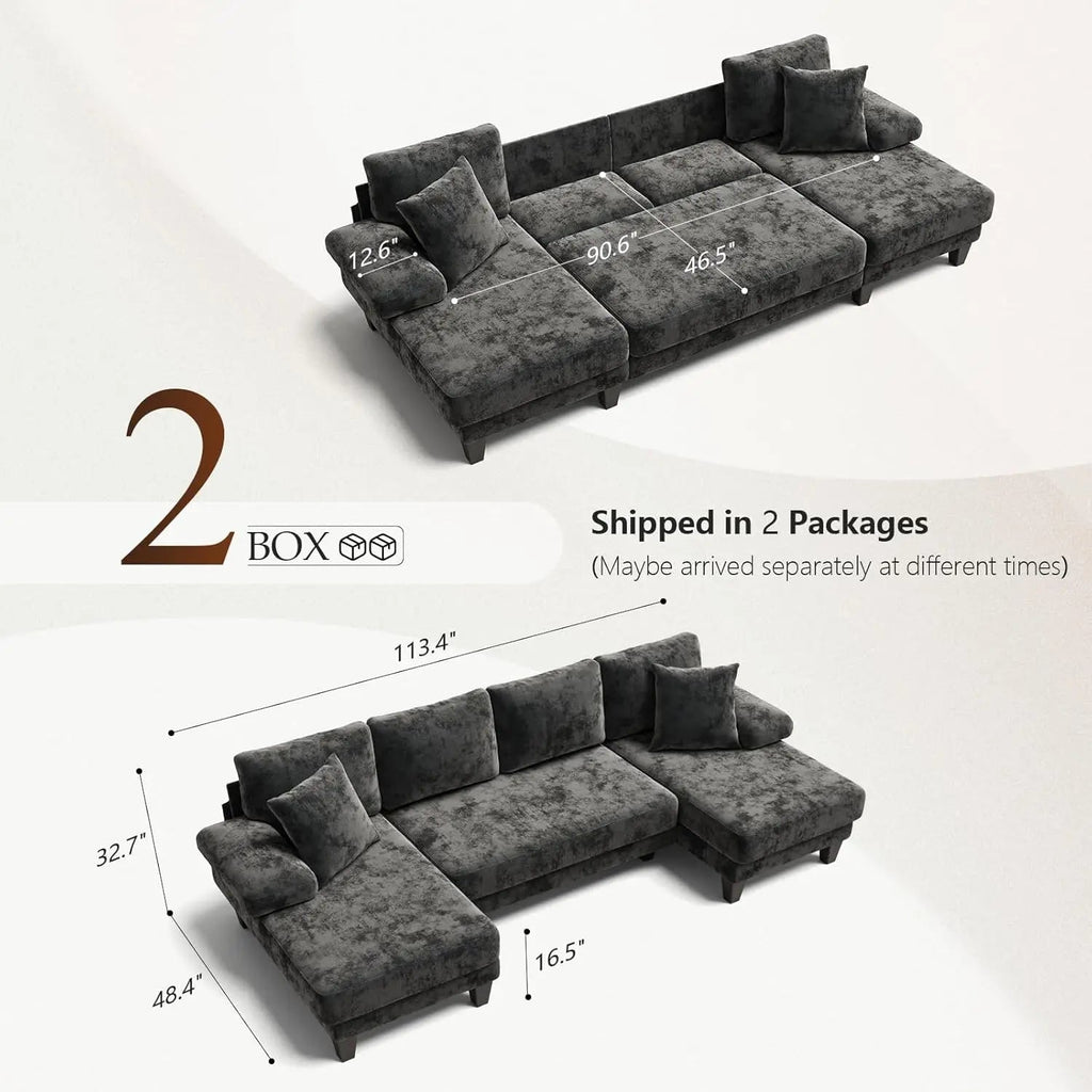 112-inch U-shaped chenille sleeper sofa with pull-out bed for modern living room