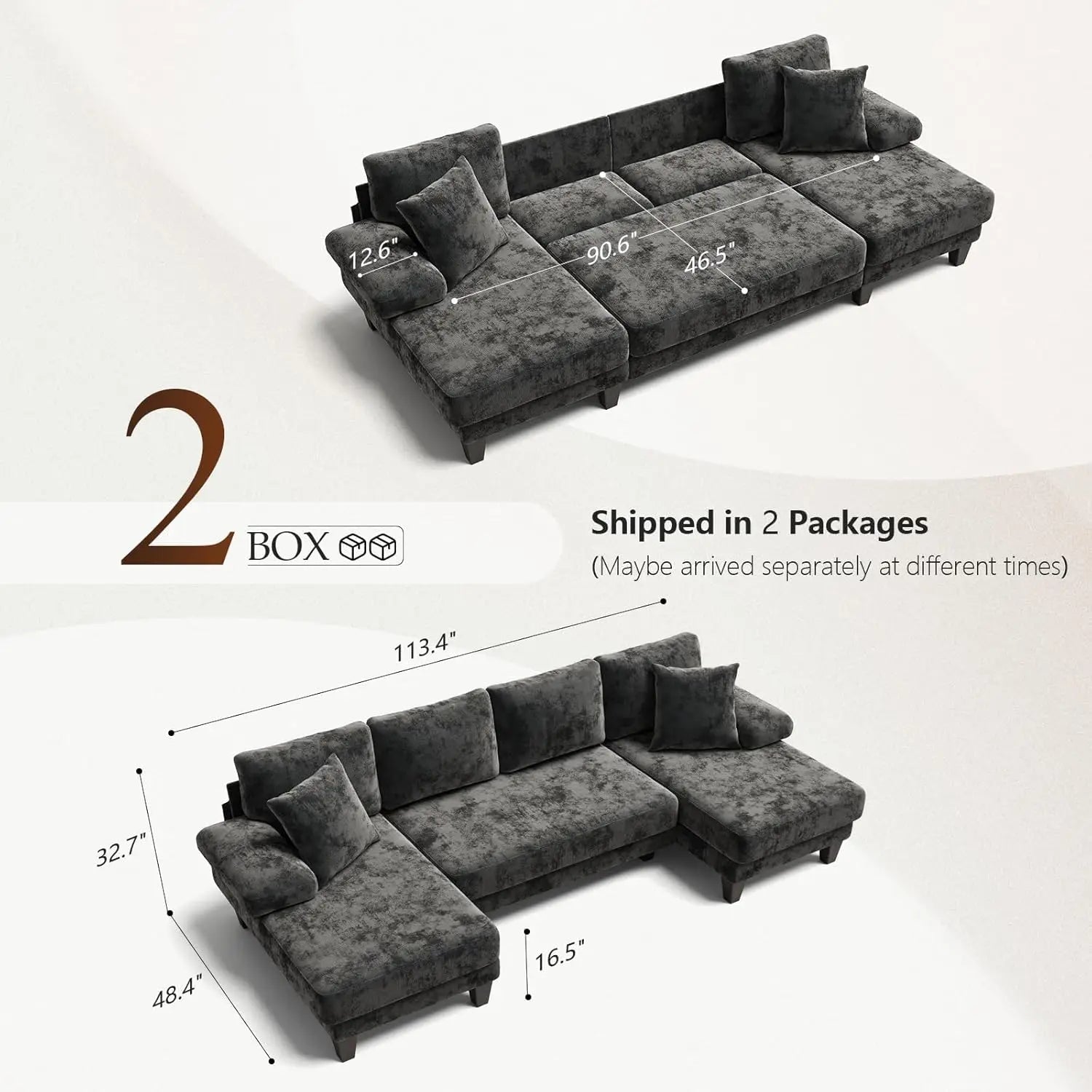 112-inch U-shaped chenille sleeper sofa with pull-out bed for modern living room