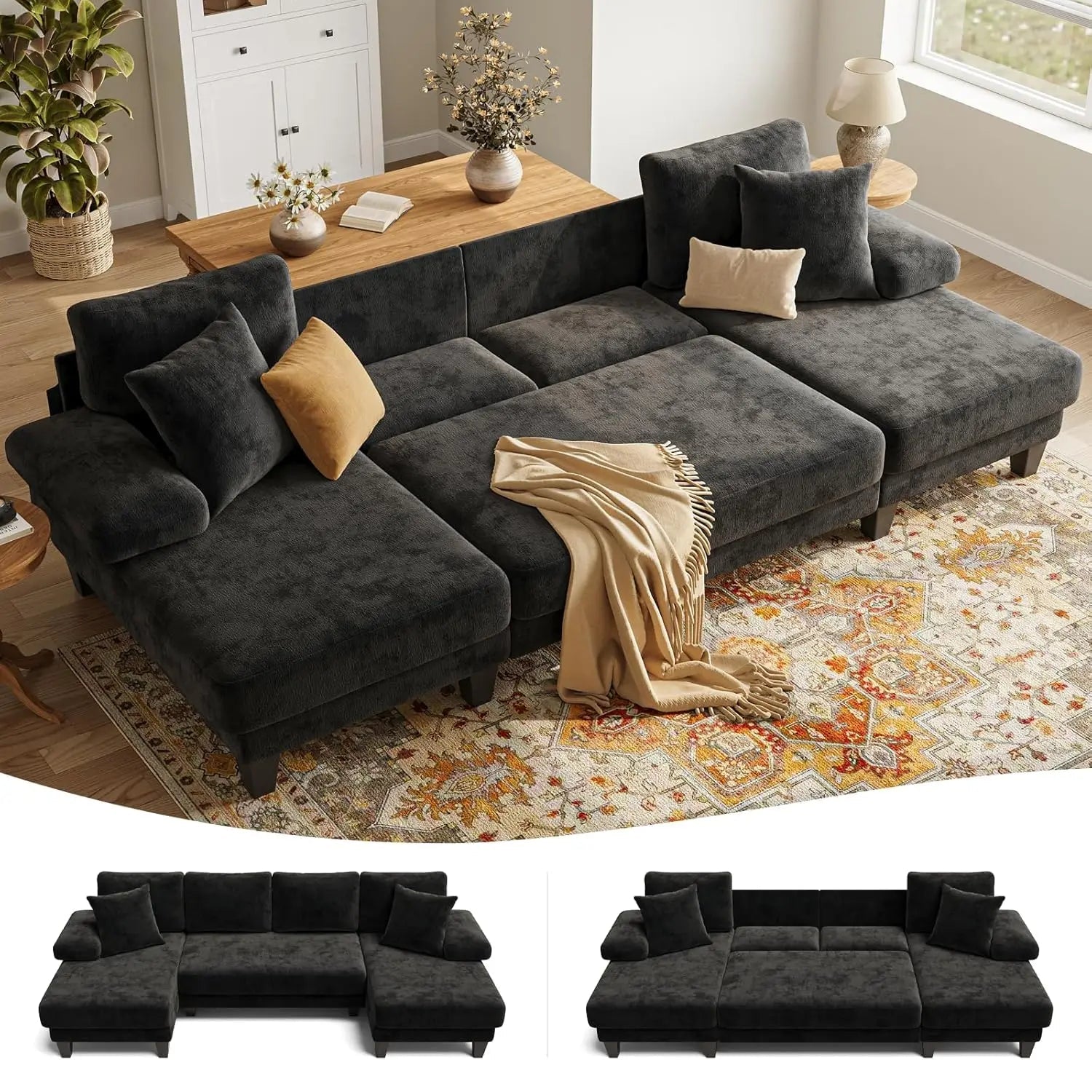 112-inch U-shaped chenille sleeper sofa with pull-out bed for modern living room