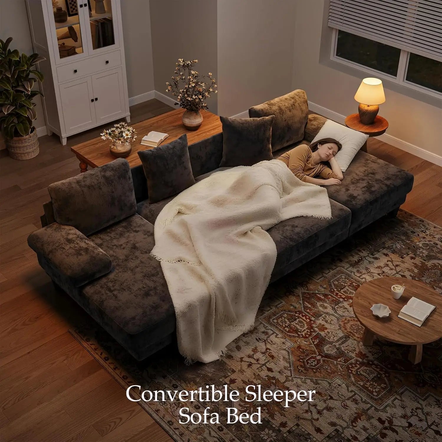 112-inch U-shaped chenille sleeper sofa with pull-out bed for modern living room